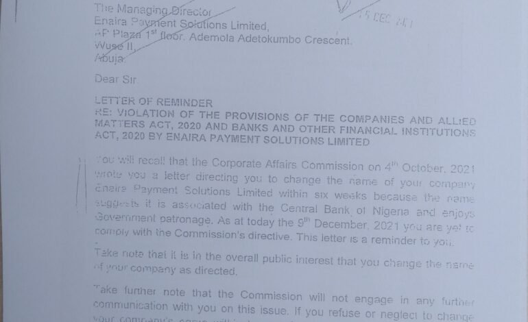 CAC’s Letter to EPSL MD, Copied to CBN Governor