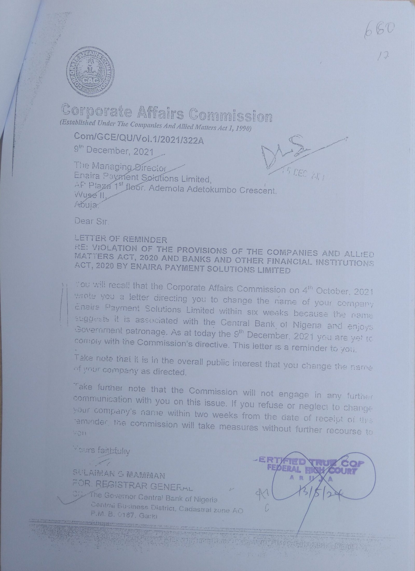 CAC’s Letter to EPSL MD, Copied to CBN Governor