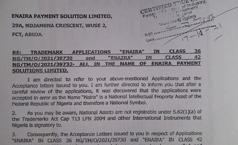 Cancellation of EPSL’s eNaira by Nigeria’s Trademark Registry unlawful?