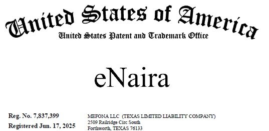 “eNaira Trademark” U.S Registration Certificate – MEFONA LLC