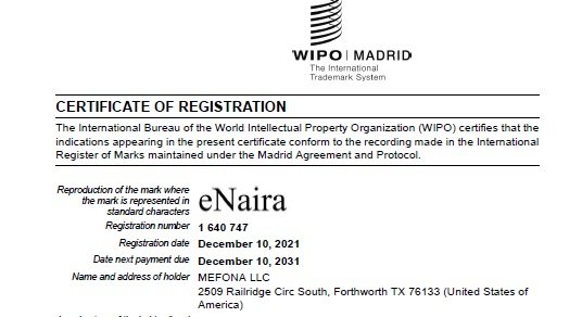 “eNaira Trademark” International Registration Certificate – MEFONA LLC